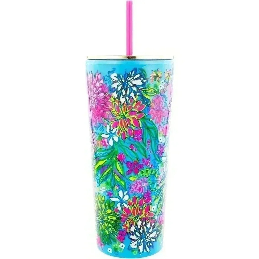 NWT: Lily Pulitzer - Walking on Sunshine, Double Wall Tumbler with Lid & Straw